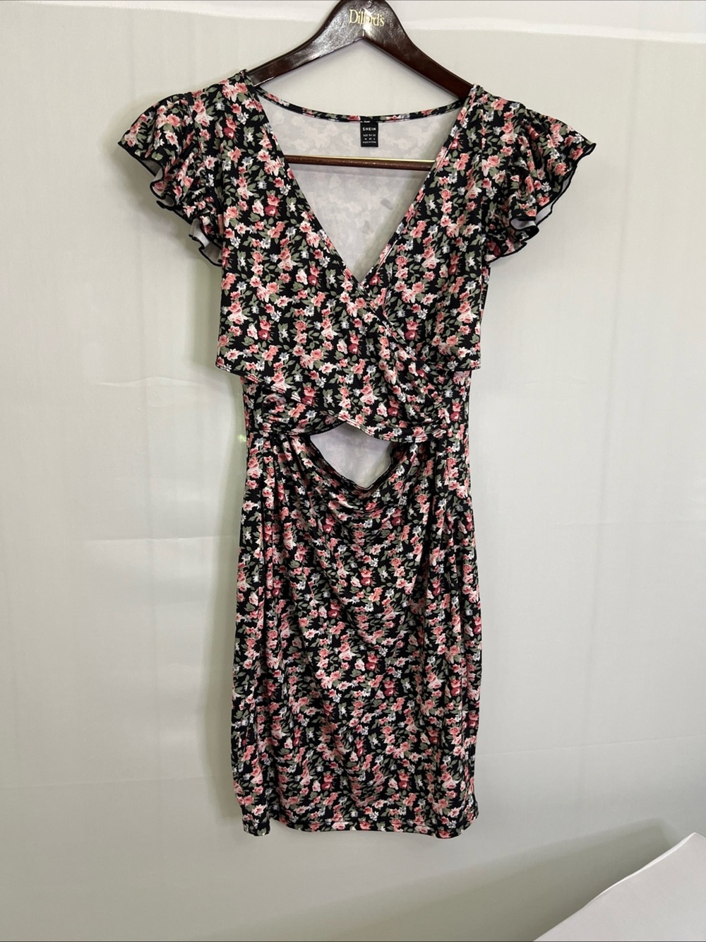 SHEIN Black & Pink Floral Cutout Wrap Midi Dress
